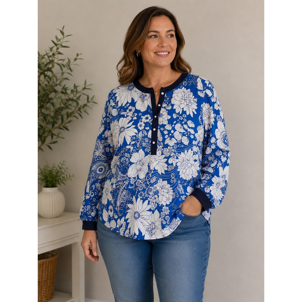 Talbots Blouse Women XL Blue White Floral Paisley Henley Long Sleeve Office